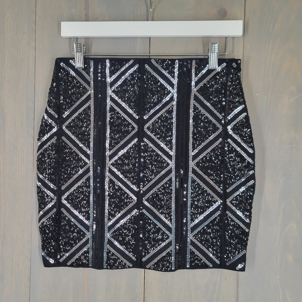 Express Sequin Mini Skirt Womens S Black Silver Good Geometric Bodycon Party